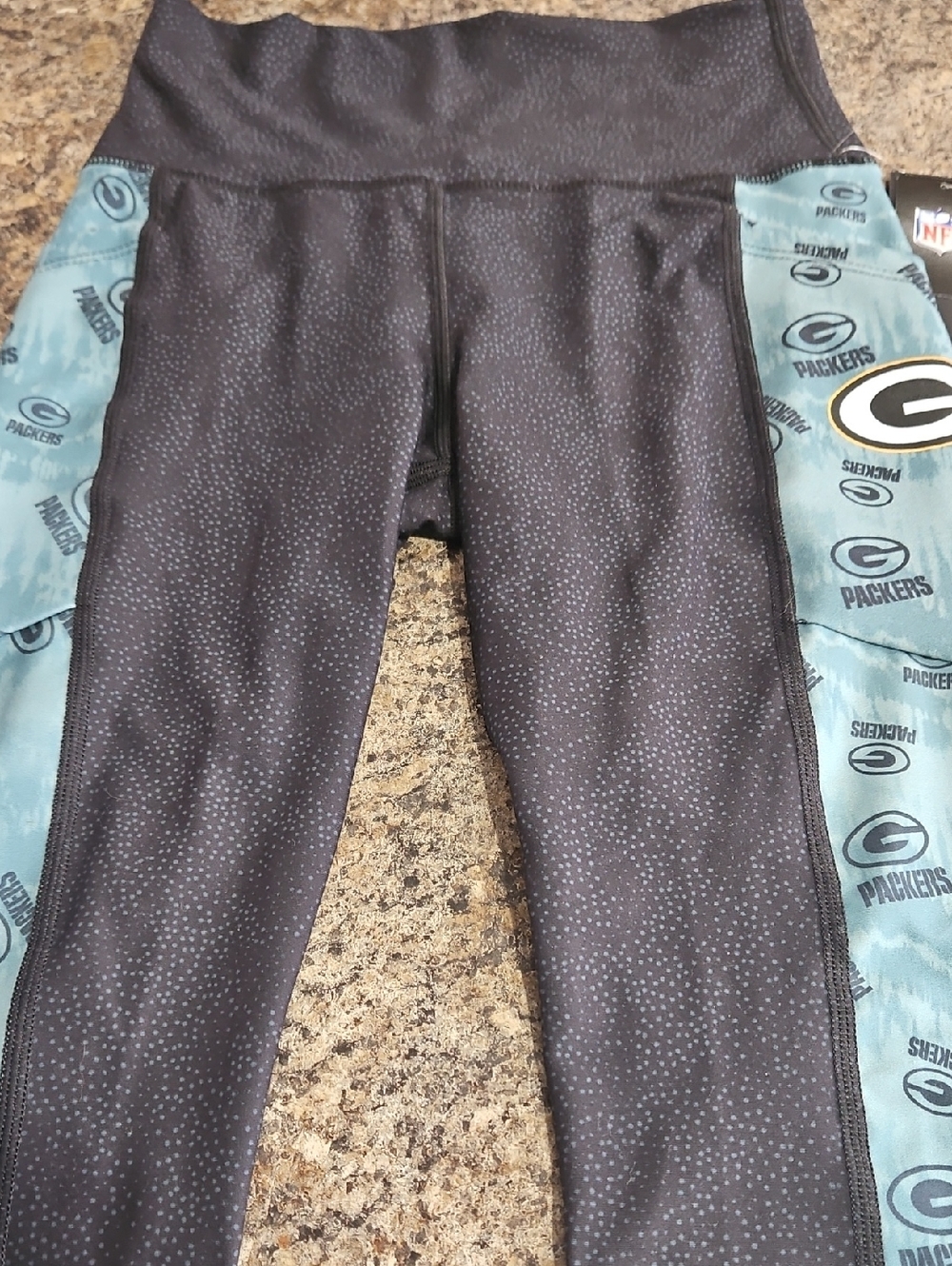 NFL Packers Black Leggings with Teal Side Logo Panels
